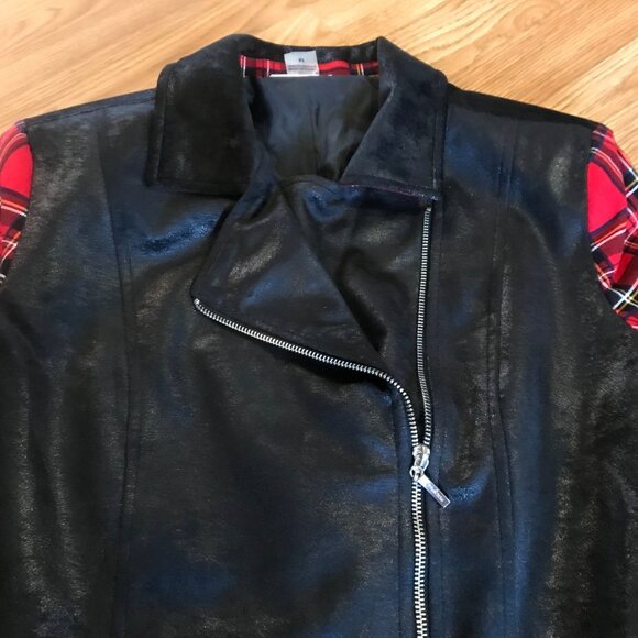 Womens Nygard Shirt Zip Front Medium Black Faux Leather & Red Plaid Long Sleeve - Picture 3 of 11